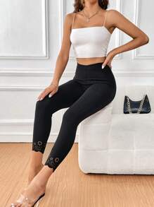 SHEIN Clasi Laser Cut Out Scallop Trim Cropped Leggings - Black - View 4