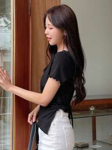 DAZY Áo thun nữ Bất đối xứng Xù nhỏ Trọn gói màu trơn Giải trí - màu đen - Xem 4