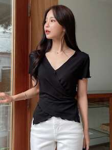 DAZY Áo thun nữ Bất đối xứng Xù nhỏ Trọn gói màu trơn Giải trí - màu đen - Xem 5