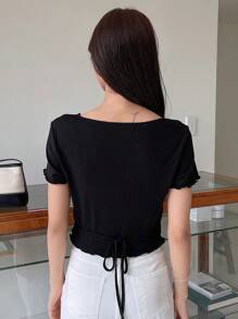 DAZY Áo thun nữ Bất đối xứng Xù nhỏ Trọn gói màu trơn Giải trí - màu đen - Xem 8