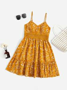 SHEIN VCAY Đầm Tương phản ren viền lá sen Viên lá sen Họa tiết hoa Boho - Màu Mù tạt vàng - Xem 1