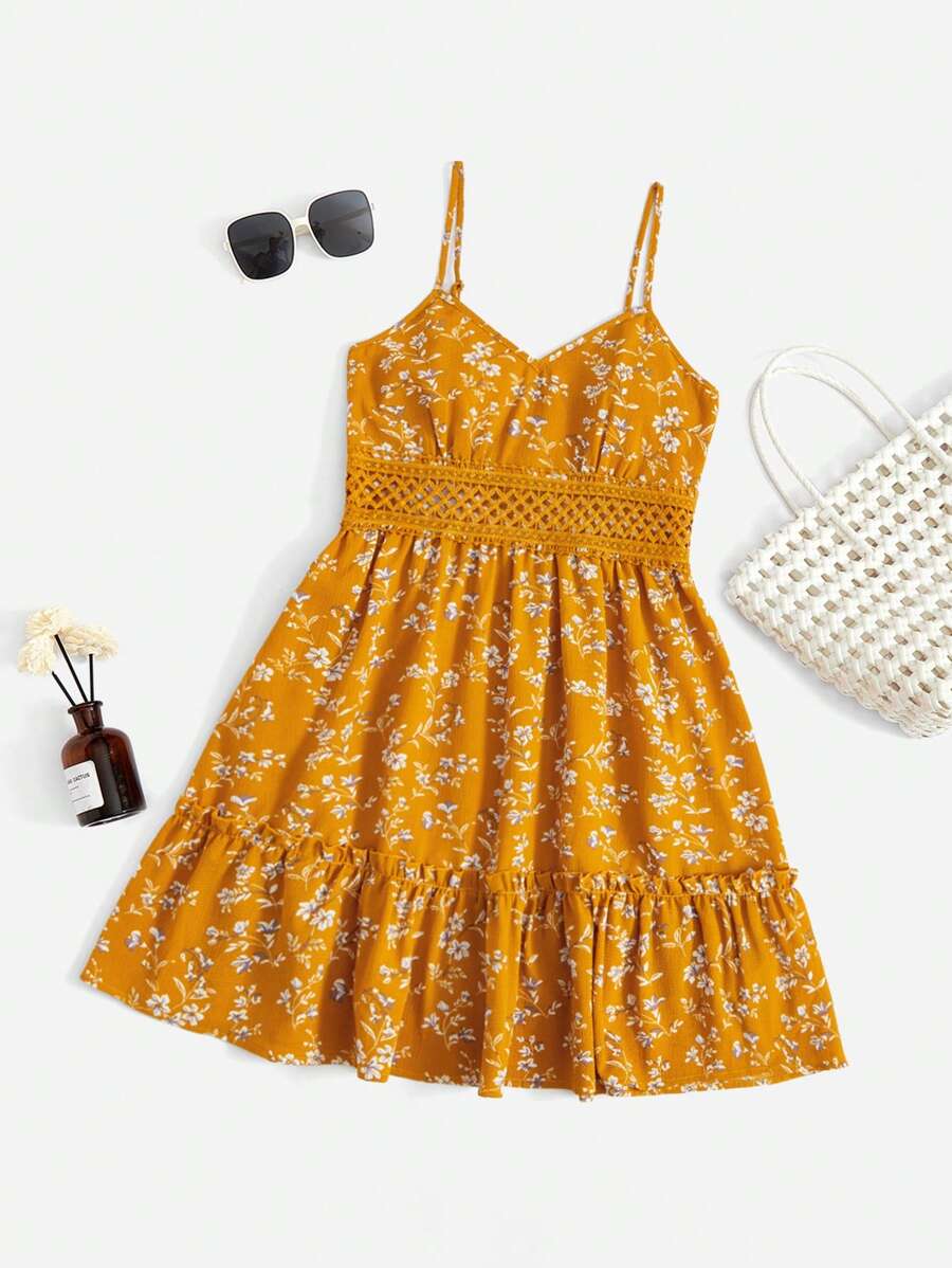 SHEIN VCAY Đầm Tương phản ren viền lá sen Viên lá sen Họa tiết hoa Boho - Màu Mù tạt vàng - Xem 1