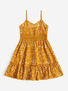 SHEIN VCAY Đầm Tương phản ren viền lá sen Viên lá sen Họa tiết hoa Boho - Màu Mù tạt vàng - Xem 2