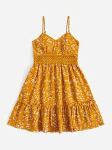 SHEIN VCAY Đầm Tương phản ren viền lá sen Viên lá sen Họa tiết hoa Boho - Màu Mù tạt vàng - Xem 3