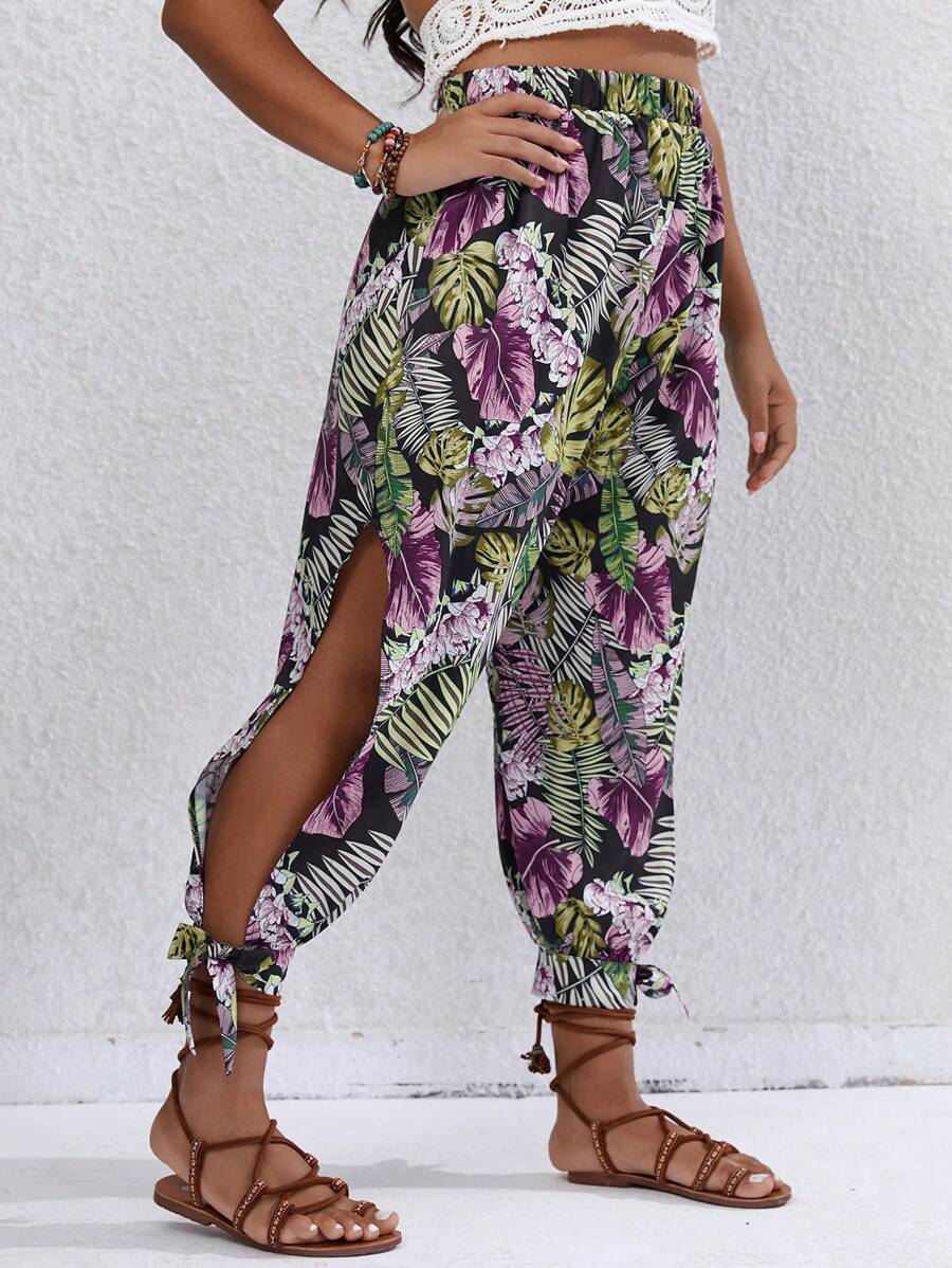 SHEIN Clasi Pantalones con estampado tropical de muslo con abertura bajo con nudo - Morado - Ver 1