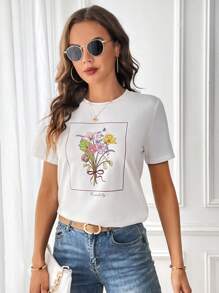 SHEIN Essnce 花卉和字母圖案T恤 - 白色 - 查看 3