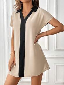 SHEIN Clasi 拼接邊蝙蝠袖直筒洋裝 - 卡其色 - 查看 6