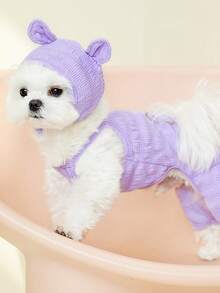 1pc Bear Pattern Pet Jumpsuit With 1pc Hat - Purple - View 1