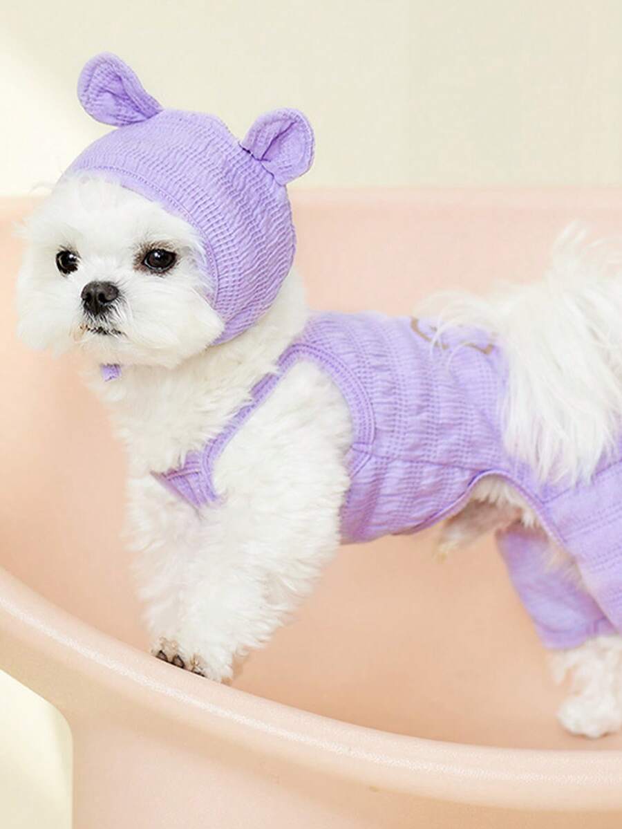 1pc Bear Pattern Pet Jumpsuit With 1pc Hat - Purple - View 1