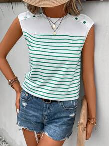 SHEIN Frenchy Áo thun nữ Nút Sọc Giải trí - màu xanh lá - Xem 1