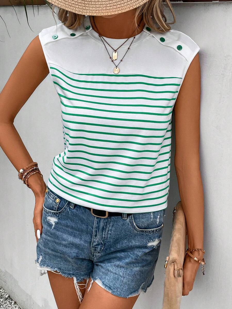 SHEIN Frenchy Áo thun nữ Nút Sọc Giải trí - màu xanh lá - Xem 1