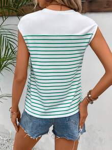 SHEIN Frenchy Áo thun nữ Nút Sọc Giải trí - màu xanh lá - Xem 2