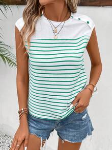 SHEIN Frenchy Áo thun nữ Nút Sọc Giải trí - màu xanh lá - Xem 4