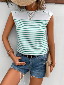 SHEIN Frenchy Áo thun nữ Nút Sọc Giải trí - màu xanh lá - Xem 5