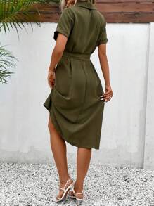 SHEIN Frenchy Solid Belted Shirt Dress - Army Green - View 3