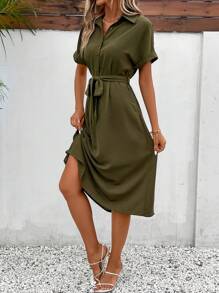 SHEIN Frenchy Solid Belted Shirt Dress - Army Green - View 1
