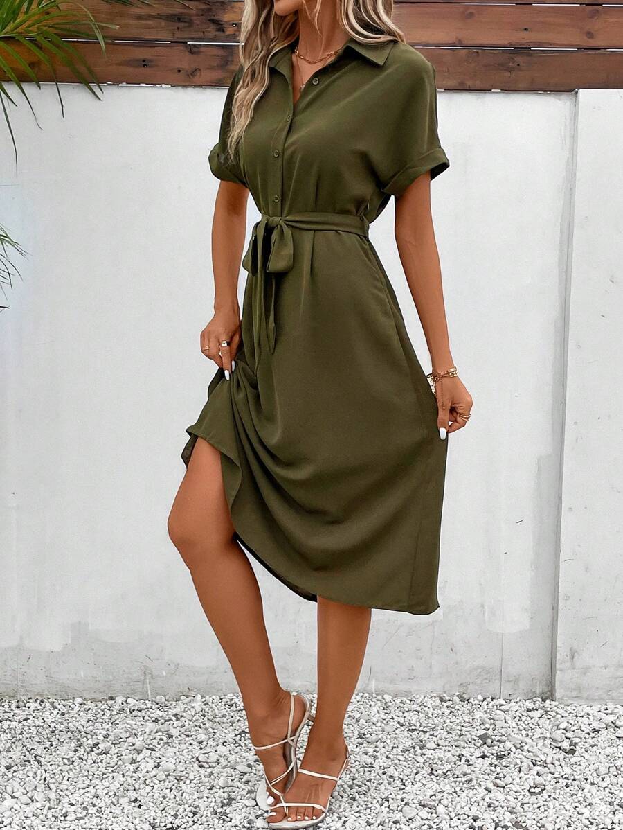 SHEIN Frenchy Solid Belted Shirt Dress - Army Green - View 1