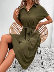 SHEIN Frenchy Solid Belted Shirt Dress - Army Green - View 5