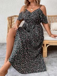 SHEIN LUNE Plus Ditsy Floral Print Cold Shoulder Belted Dress - Multicolor - View 4