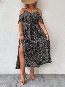 SHEIN LUNE Plus Ditsy Floral Print Cold Shoulder Belted Dress - Multicolor - View 3