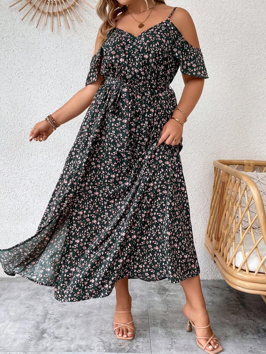 SHEIN LUNE Plus Ditsy Floral Print Cold Shoulder Belted Dress - Multicolor - View 1