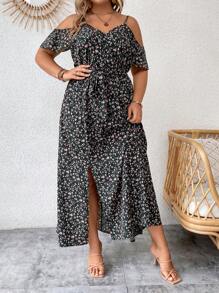SHEIN LUNE Plus Ditsy Floral Print Cold Shoulder Belted Dress - Multicolor - View 5