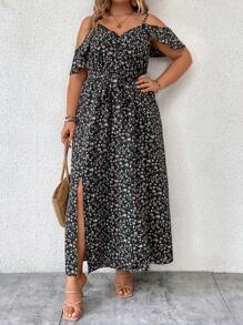SHEIN LUNE Plus Ditsy Floral Print Cold Shoulder Belted Dress - Multicolor - View 6