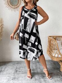 SHEIN LUNE Plus Geo Print Tank Dress, Summer - Black and White - View 3