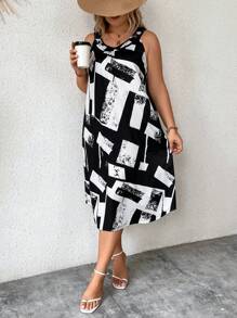 SHEIN LUNE Plus Geo Print Tank Dress, Summer - Black and White - View 4
