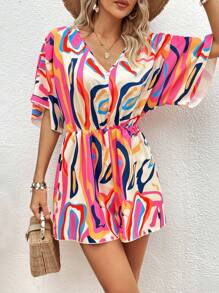 SHEIN VCAY Allover Print Batwing Sleeve Romper - Multicolor - View 1