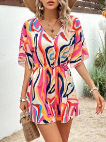 SHEIN VCAY Allover Print Batwing Sleeve Romper - Multicolor - View 5
