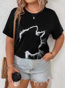 SHEIN LUNE 大碼卡通圖案T恤 - 黑色 - 查看 1