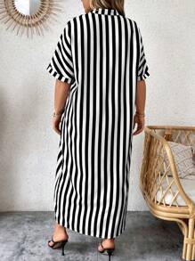 SHEIN LUNE Plus Striped Print Notched Neckline Batwing Sleeve Dress - Black - View 2