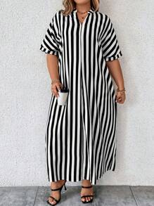 SHEIN LUNE Plus Striped Print Notched Neckline Batwing Sleeve Dress - Black - View 3