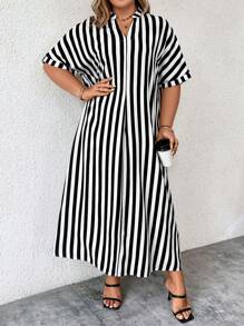 SHEIN LUNE Plus Striped Print Notched Neckline Batwing Sleeve Dress - Black - View 4