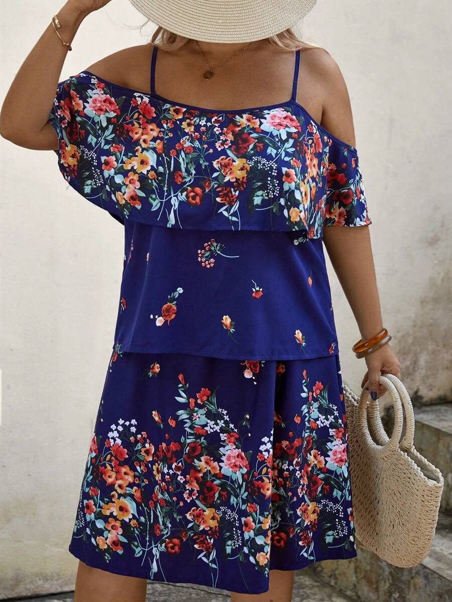 SHEIN LUNE 大碼印花挖肩上衣和裙子 - 藏蓝色 - 查看 1