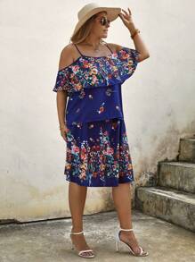 SHEIN LUNE 大碼印花挖肩上衣和裙子 - 藏蓝色 - 查看 3