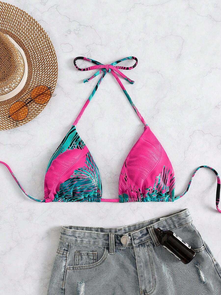 SHEIN Swim Summer Beach Tropical Print Halter Triangle Bikini Top - Multicolor - View 1