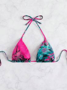 SHEIN Swim Summer Beach Tropical Print Halter Triangle Bikini Top - Multicolor - View 2