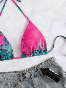 SHEIN Swim Summer Beach Tropical Print Halter Triangle Bikini Top - Multicolor - View 4