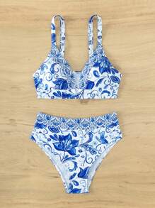Floral Print High Waisted Bikini Set For Summer Beach - Blue and White - View 4