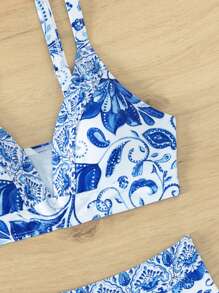 Floral Print High Waisted Bikini Set For Summer Beach - Blue and White - View 6