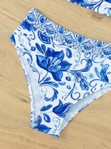 Floral Print High Waisted Bikini Set For Summer Beach - Blue and White - View 7