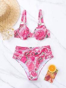 SHEIN Swim Summer Beach Paisley Print Underwire Bikini Set - Hot Pink - View 3