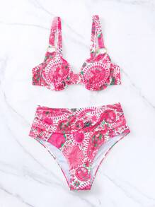 SHEIN Swim Summer Beach Paisley Print Underwire Bikini Set - Hot Pink - View 4