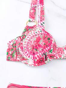 SHEIN Swim Summer Beach Paisley Print Underwire Bikini Set - Hot Pink - View 5