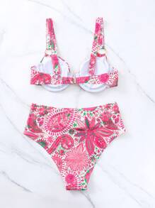 SHEIN Swim Summer Beach Paisley Print Underwire Bikini Set - Hot Pink - View 6