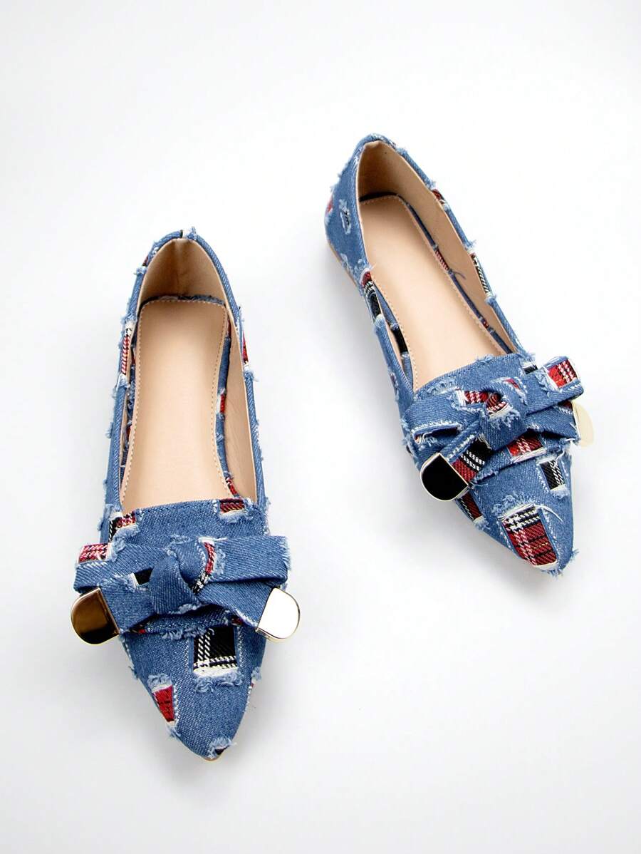 Giày bệt thời trang màu xanh cho nữ, giày bệt mũi nhọn trang trí nơ