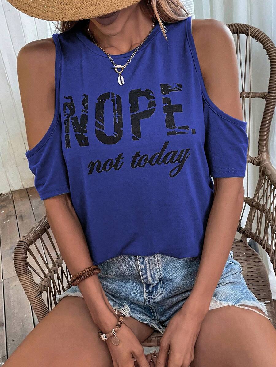 SHEIN LUNE Camiseta de mujer de hombros descubiertos con gráfico de eslogan - azul real - Ver 1
