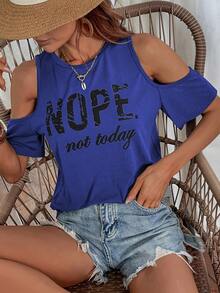 SHEIN LUNE Camiseta de mujer de hombros descubiertos con gráfico de eslogan - azul real - Ver 4